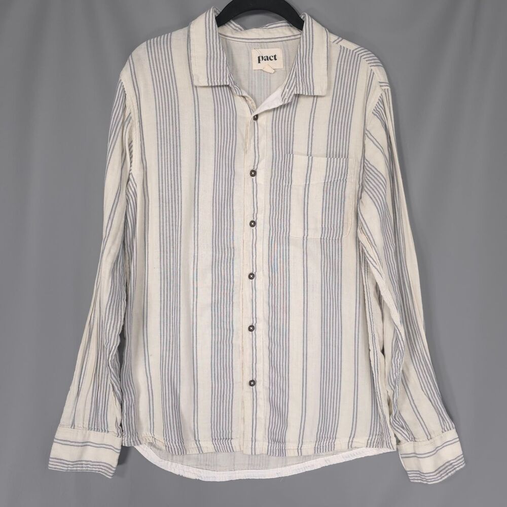 PACT Women's MEDIUM Button Down Shirt 100% Organic Cotton Striped Blouse